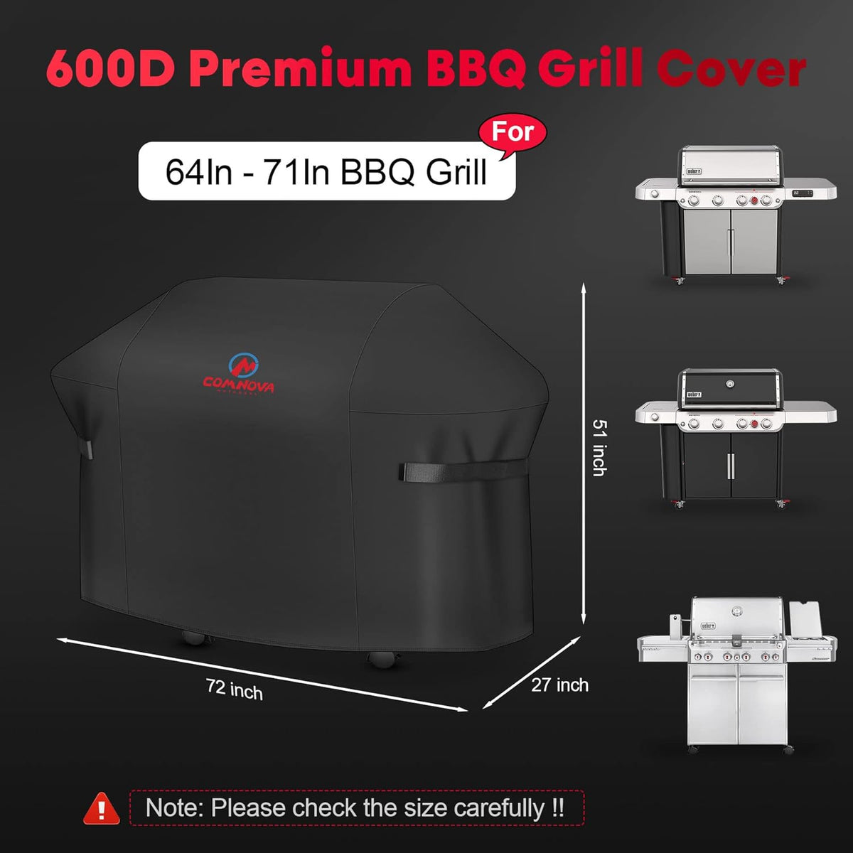Comnova Grill Cover 72 Inch - 600D BBQ Cover for Outdoor Grill Heavy Duty and Waterproof, Large Barbecue Gas Grill Covers for Weber, Char-Broil, Nexgrill, Monument, Dyna-glo, Brinkmann and More
