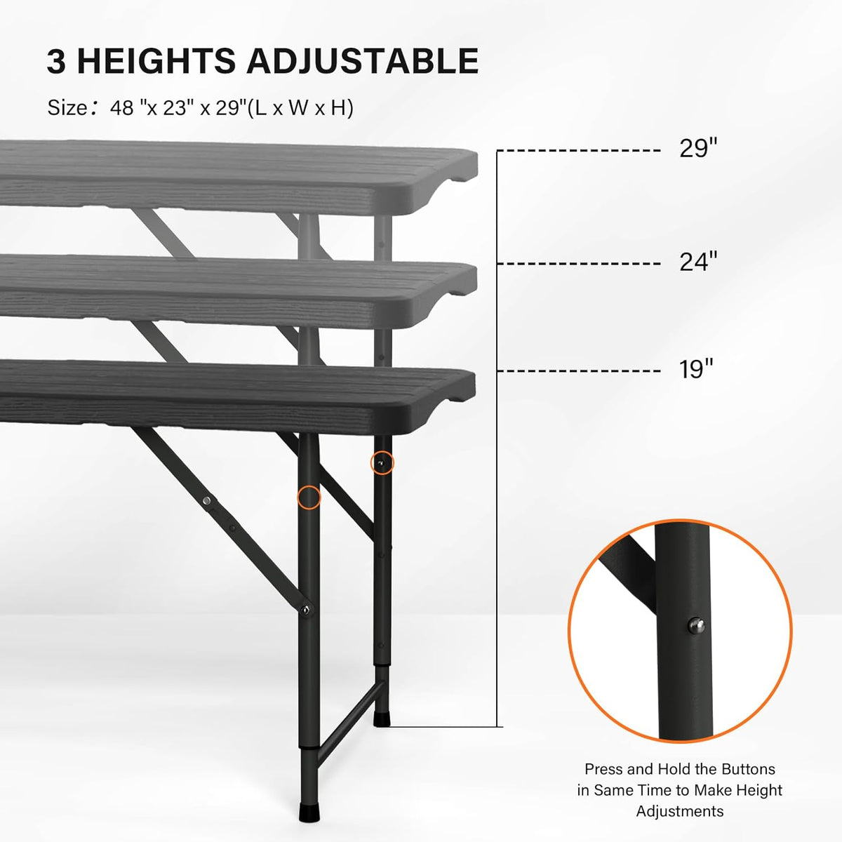 VINGLI 4 FT Plastic Folding Camping Table,3-Level Adjustable Height, Portable in/Outdoor Party Picnic Dining Desk,Off-White Garden Soccer Multipurpose Entertaining Activities, Black
