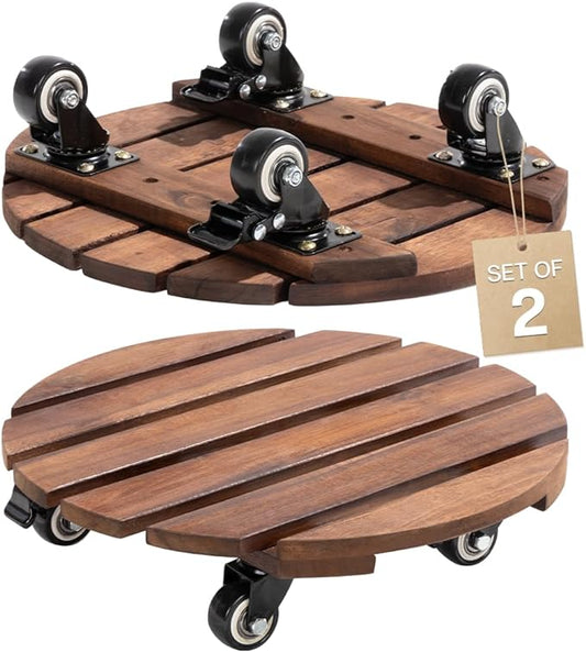 2pack Wood Plant Caddy With Wheels Heavy Duty Red Brown, 264 Lbs Capacity, 12 Inch Acacia Hardwood Plant Dolly, Plant Stand with 360° Lockable Wheels for Plant Pots, Heavy Objects Hauling