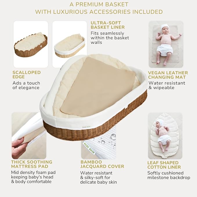 BEBE BASK Premium Baby Changing Basket - Artisan-Crafted Scalloped Rattan - Changing Basket for Baby Dresser - All Accessories Included - Complete Set for Nursery (Mocca)