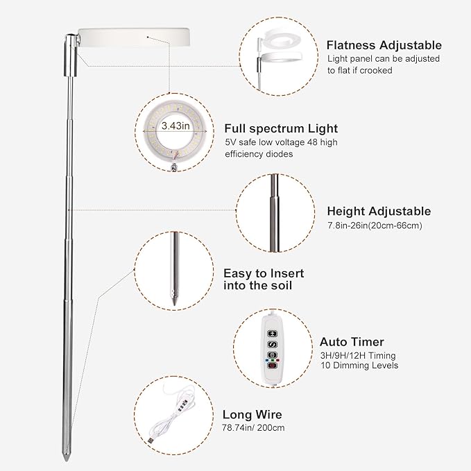 Grow Lights for Indoor Plants Small Potted - Full Spectrum, Auto 3/9/12H Timer, 10-Level Dimming & Adjustable Height - Compact Grow Light for Succulents, Herbs, Foliage in Home/Office (White,3PACKS)