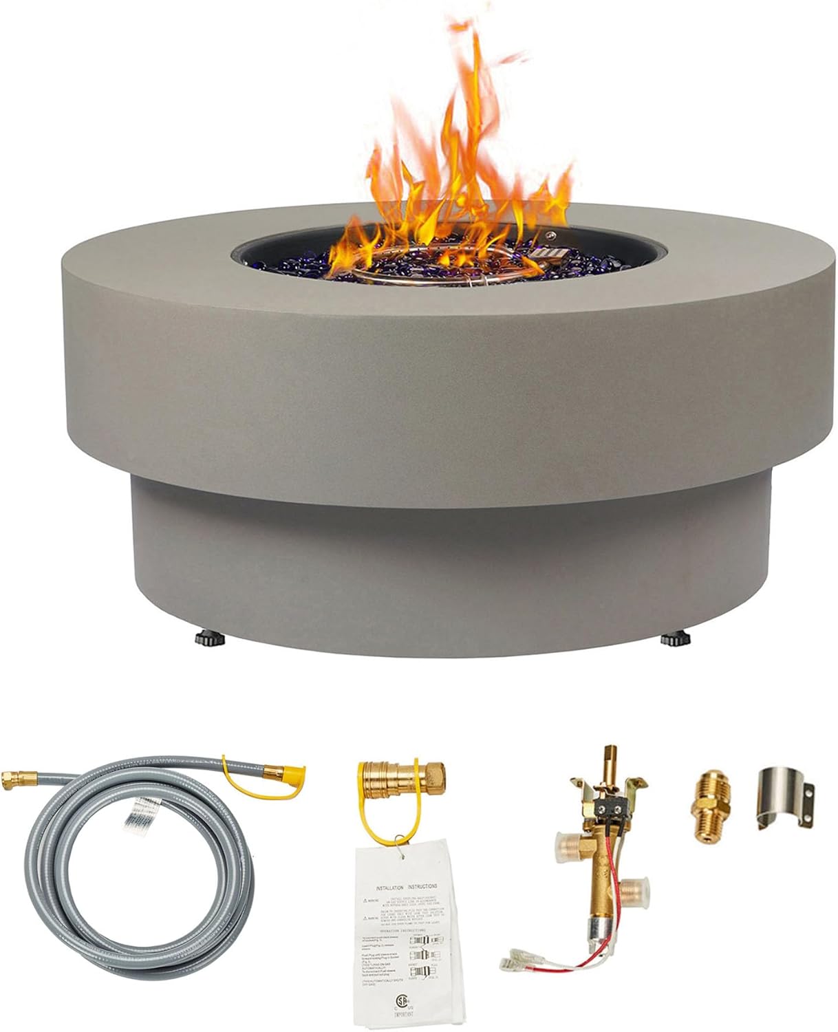 32.5-inch Outdoor Gas Fire Pit Table with Natural Gas Conversion Kit, 50,000BTU Propane Gas Fire Pits for Outside Patio w/Round Burner Lid, Glass Rocks, Cover