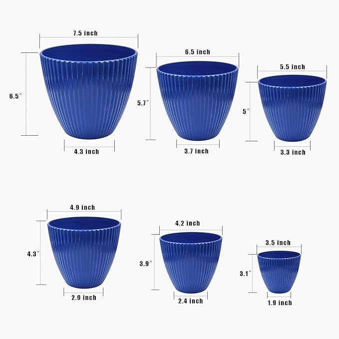 7.5/6.5/5.5/4.9/4.2/3.5 Inches Plant Planters 6 Pack, Thick Sturdy Plastic Pots for Plants, Indoor/Outdoor 6 Sizes Flower Pots with Drainage Holes and Saucers (6 Sizes,Dark-Blue)