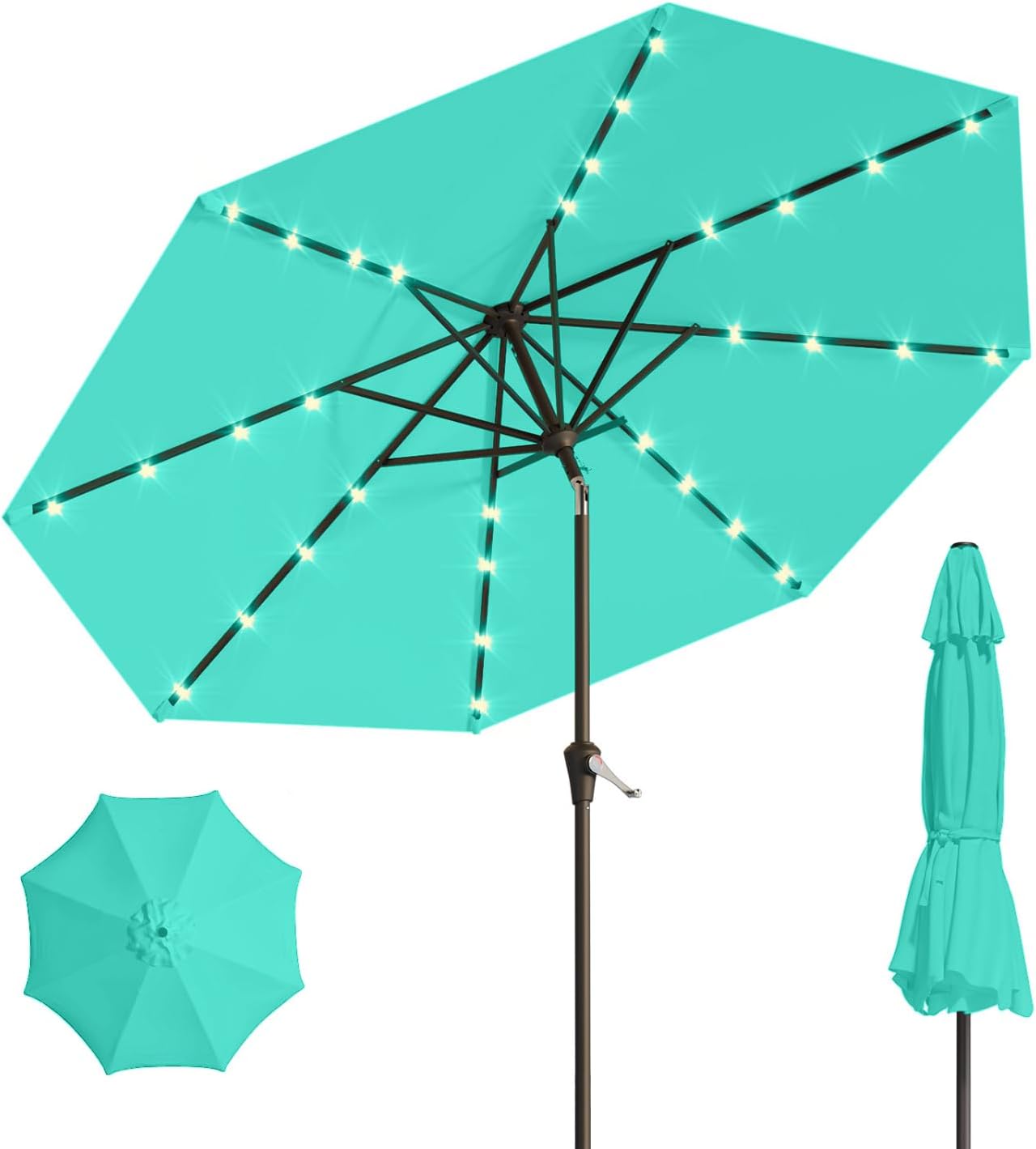 10FT Solar Umbrella 32 LED Lighted Patio Umbrella Table Market Umbrella w/Tilt and Crank, UV-Resistant Outdoor Umbrella for Pool, Garden, Deck, Turquoise Blue