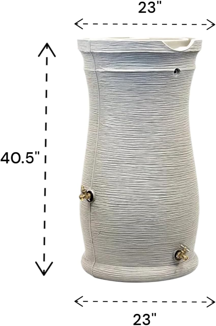 Stylish Impressions Capri Rain Saver, 50 Gallon, Sturdy Rain Barrel with Planter, Ribbed Design, Gray, with Dual Brass Spigots.