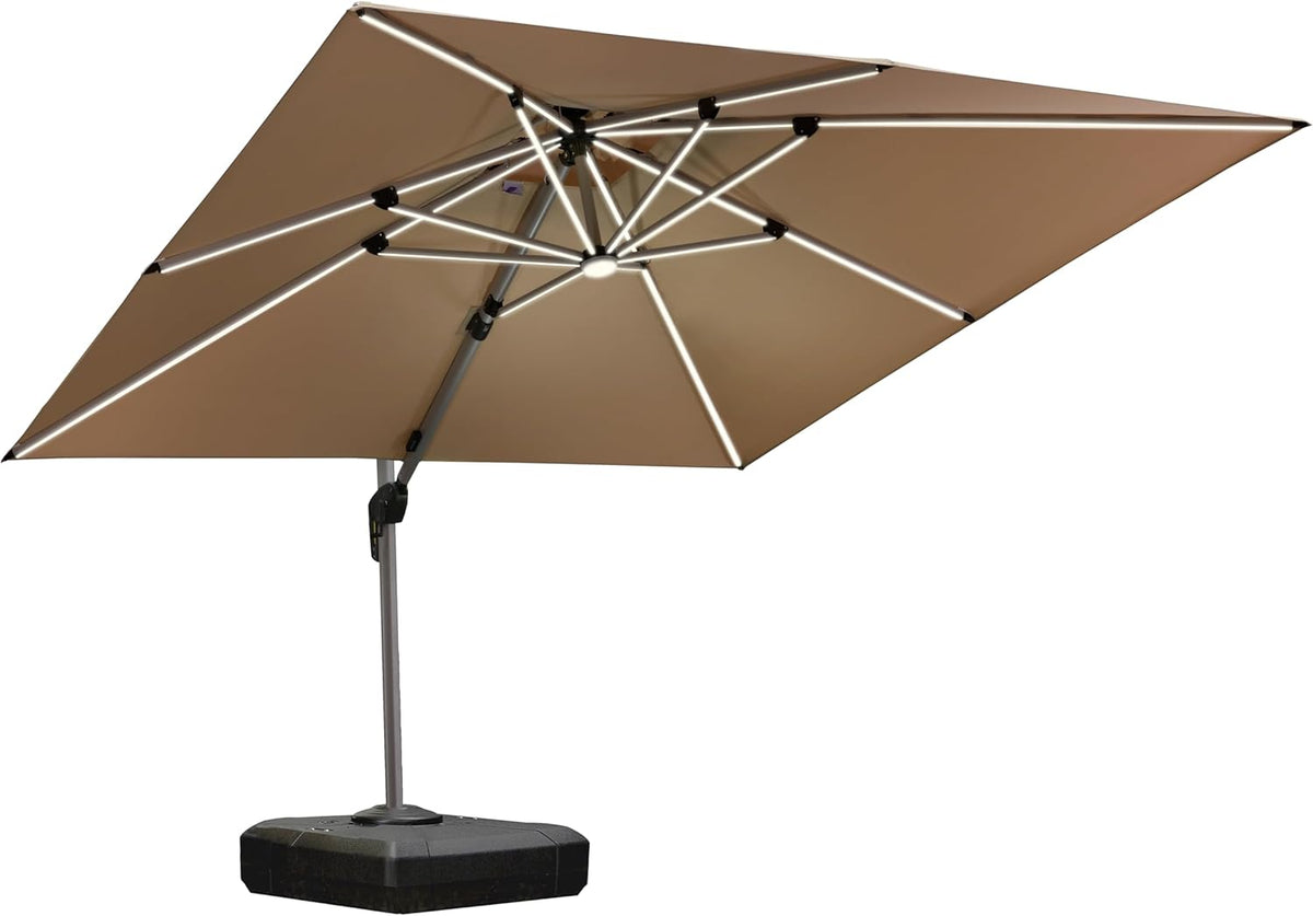 PURPLE LEAF 10 Feet Double Top Deluxe Solar Powered LED Square Patio Umbrella Offset Hanging Umbrella Outdoor Market Umbrella Garden Umbrella, Beige
