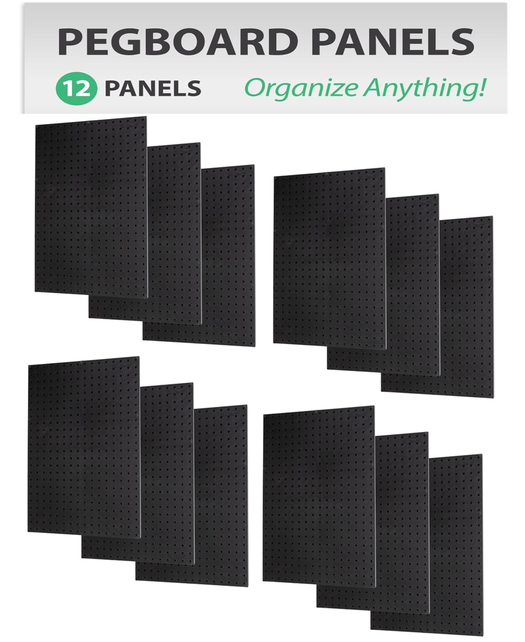 WallPeg Pegboard Panels Garage Organization - 12 ea (24"x16") Black Peg Board Panel Set - (PB-1-B) Tool Organizer, Crafts, Shop, Home, Office, Wall Storage Kit