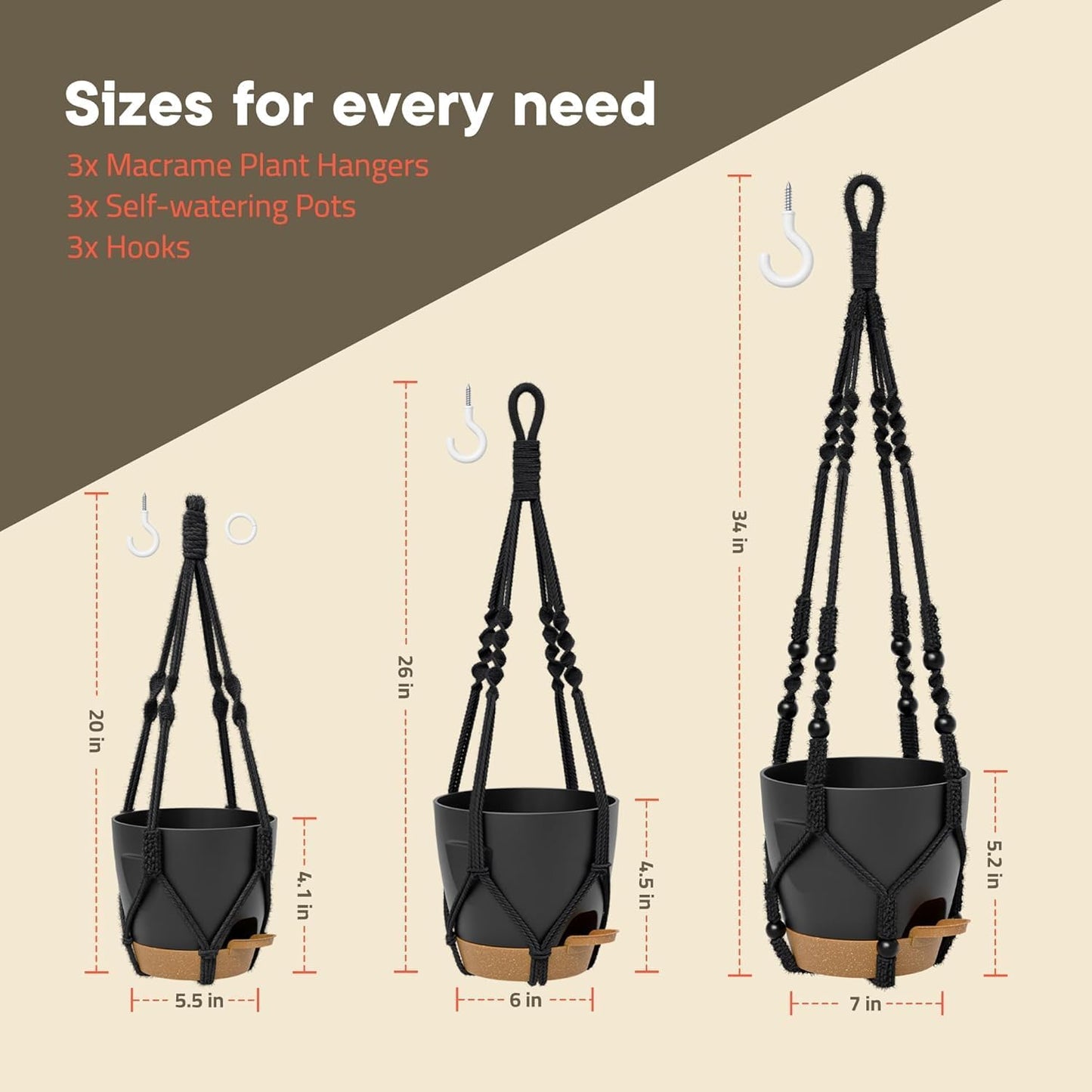 Black Hanging Self Watering Pots with Macrame Black Rope, 3 Pack Indoor & Outdoor Hanging Plant Pots with Built-in Reservoir, Wick Rope, Drainage Holes & Hooks, Stylish Boho Decor Hanging Planter