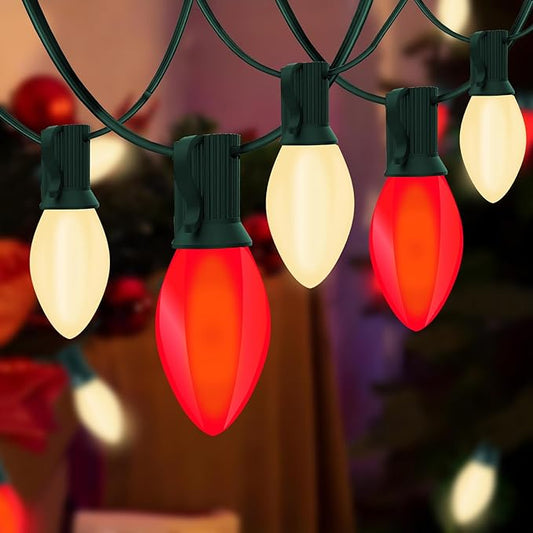 C7 LED Red and White Christmas Lights, 25Ft Outdoor Christmas String Lights with 27 LED Red and White Plastic Bulbs, Vintage Christmas Light for Outside Patio Christmas Tree Cafe Party House Decor