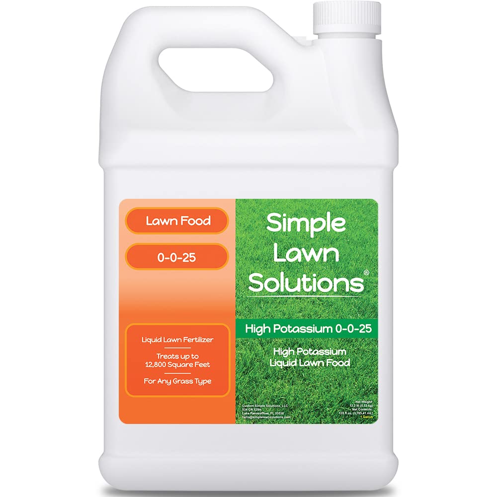 Simple Lawn Solutions - High Potassium Lawn Food Liquid Fertilizer 0-0-25 - Concentrated Spray - Turf Grass Vigor and Plant Hardiness - Summer and Fall - Any Grass Type (1 Gallon)