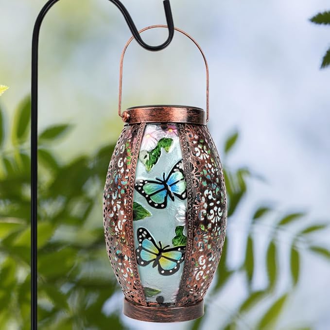 Butterfly Solar Lanterns Glass & Metal Hanging Lantern Outdoor Waterproof 16" H Tabletop Light with Hollowed-Out Design for Garden Patio Table Decor Mother's Day Gift