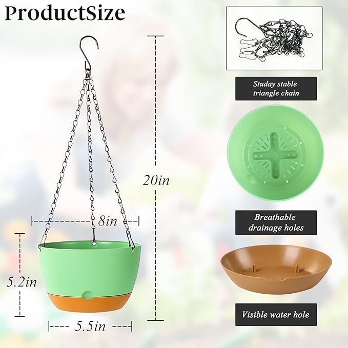 Bevgems 3 Pack 8.26 Inch Hanging Planters, Plastic Self-Watering Hanging Flower Plant Pot, Decorative Flower Pot Holder with Drainage Holes & Removable Tray for Indoor Outdoor Plants,Flowers, Herbs