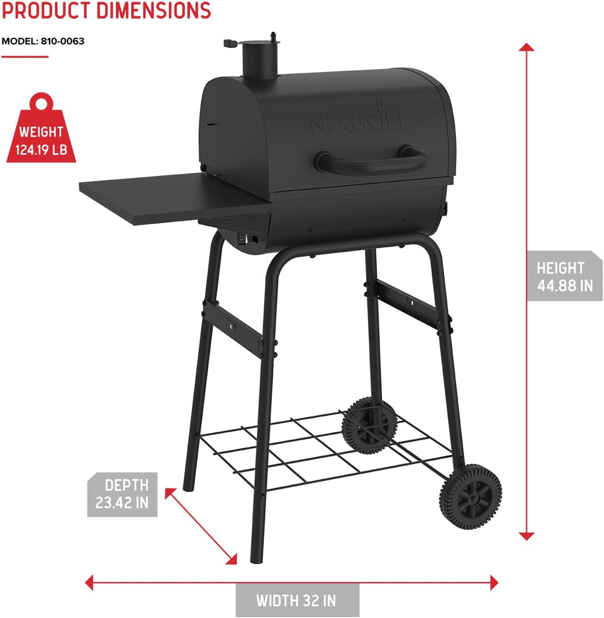 Nexgrill 17.5" Charcoal Grill with Side Shelf, 349 SQ In Cooking Space, Adjustable Chimney, Air Dampers, Temperature Gauge, Warming Rack, Barrel Smoker Grill for Camping, Picnics, and More - 810-0063