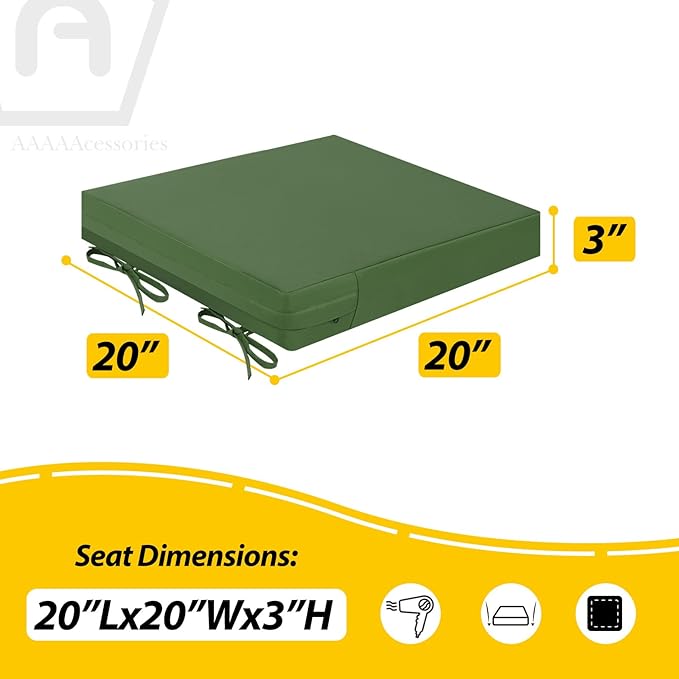 AAAAAcessories Outdoor Seat Cushions for Chairs, Waterproof, Fade-Resistant Patio Furniture Replacement Cushions, 20" x 20" x 3", Set of 2, Dark Moss Green