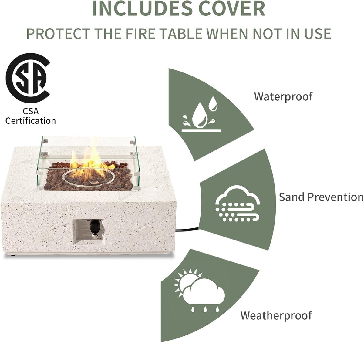 COSIEST 35-inch Square Outdoor Sandstone Propane Fire Pit w Wind Guard and Side Table, CSA Certified, 50,000 BTU Stainless Steel Burner, Free Lava Rocks and Rain Cover, Metal Lid(Beige)