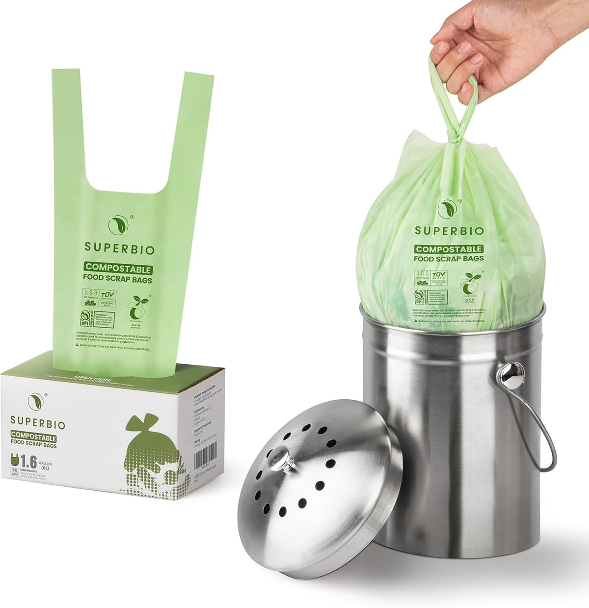 SUPERBIO 1.6 Gallon Handle Tie Compostable Food Scrap Bags For Counter Top Compost Bin, Small Compost Bags, 50 Count, 6 Liter, BPI & OK compost INDUSTRIAL Certified