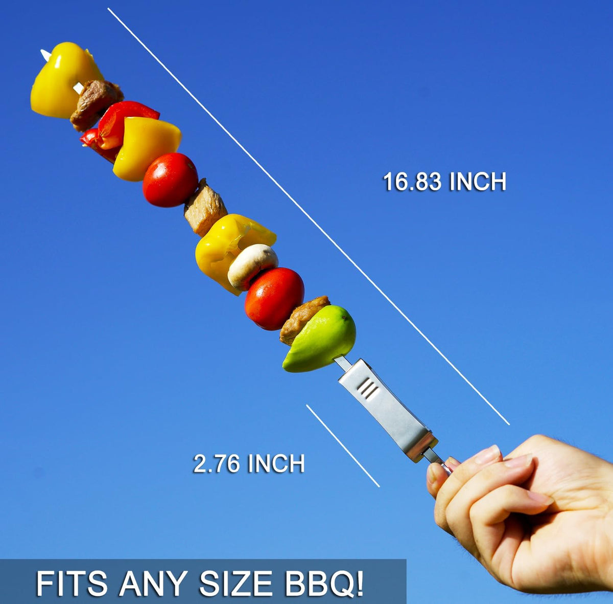 ESOW Metal BBQ Skewers for Grilling-16.83" Long Flat Kebab Sticks with Push Bar, Stainless Steel 304 Shish Kabob Skewers for Camping, Set of 8 with Bag