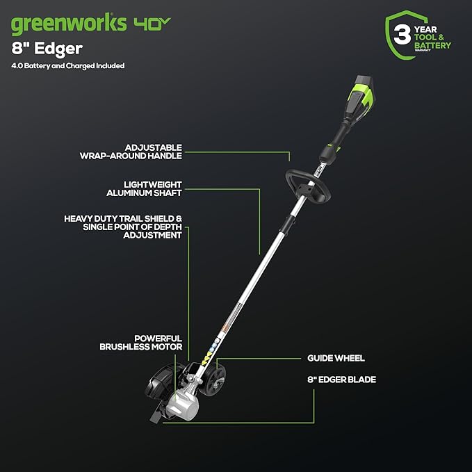 Greenworks 40V 8" Brushless Edger, 4.0Ah USB Battery and Charger Included