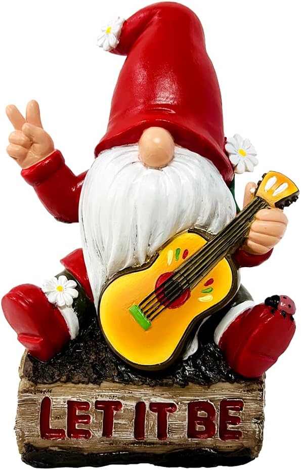 Hippy Gnome with Guitar Garden Statue, Unique Flowers and Peace Sign