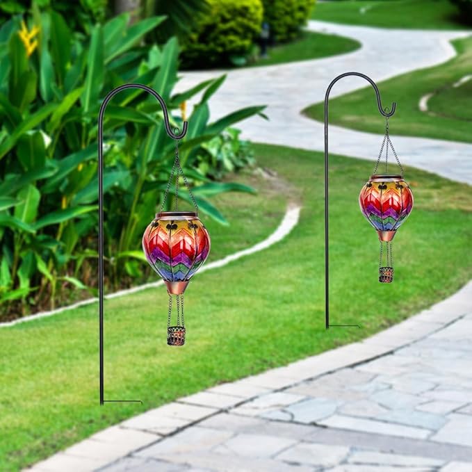 2PC Hot Air Balloon Solar Lantern, Wavy-Colorful Flickering Flame Hanging Solar Lanterns Outdoor Lights Waterproof Lanterns Decorative Garden Patio Yard Party Decor with 2PC Shepherd Hook