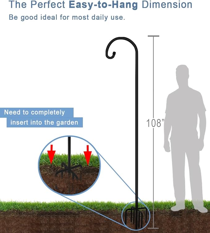108 inch Outdoor Shepherd Hook with 5 Prong Base (2 Packs), Adjustable Heavy Duty Garden Hanging Stake for Bird Feeder Solar Light Plant Hanger Wedding Decor, Matte Black