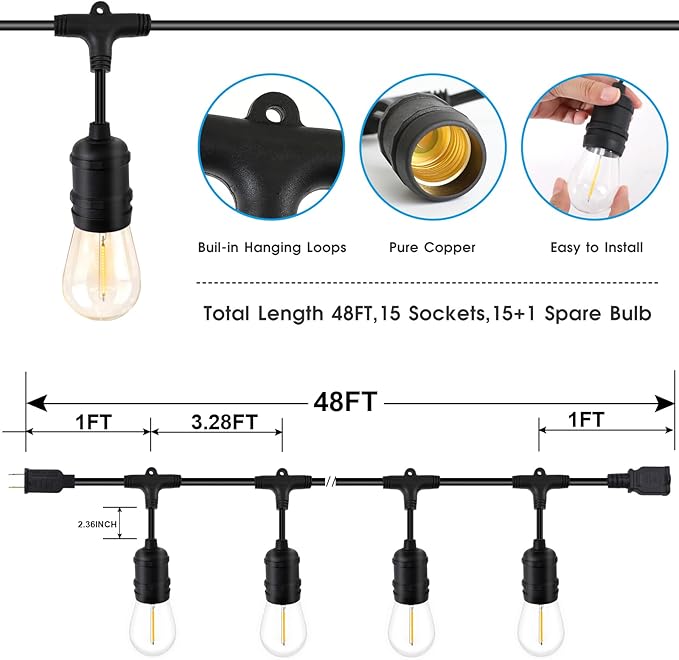 48ft LED Outdoor String Lights with 15+1(Spare) 1W Shatterproof Bulbs, Black Waterproof IP65 Connectable Outdoor Decorative Lights for Garden Patio Cafe Bistro Backyard Porch, UL Listed