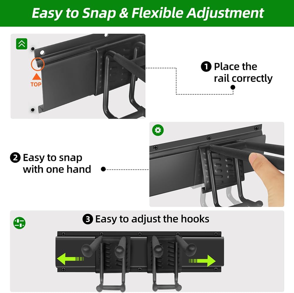 Garage Tool Organizer Wall Mount with 48 inches Rails and 6 Double-layer Hooks, Garden Tool Rack Heavy Duty, Garage Hanging Storage Rack For Yard Tools, Shovel, Shed