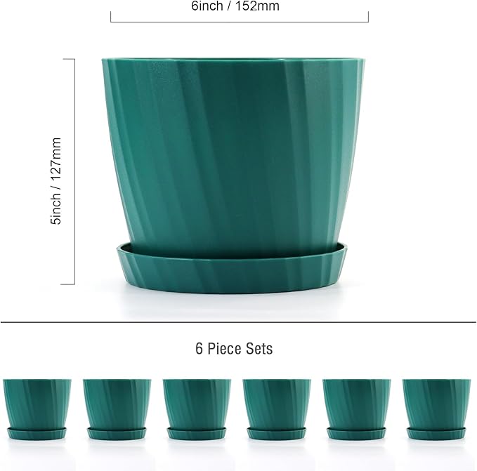 6 Inch Plant Pots Bulk, 6 Pack Plastic Planters with Drainage Holes and Saucers for Indoor Outdoor House Plants and Flowers, Green