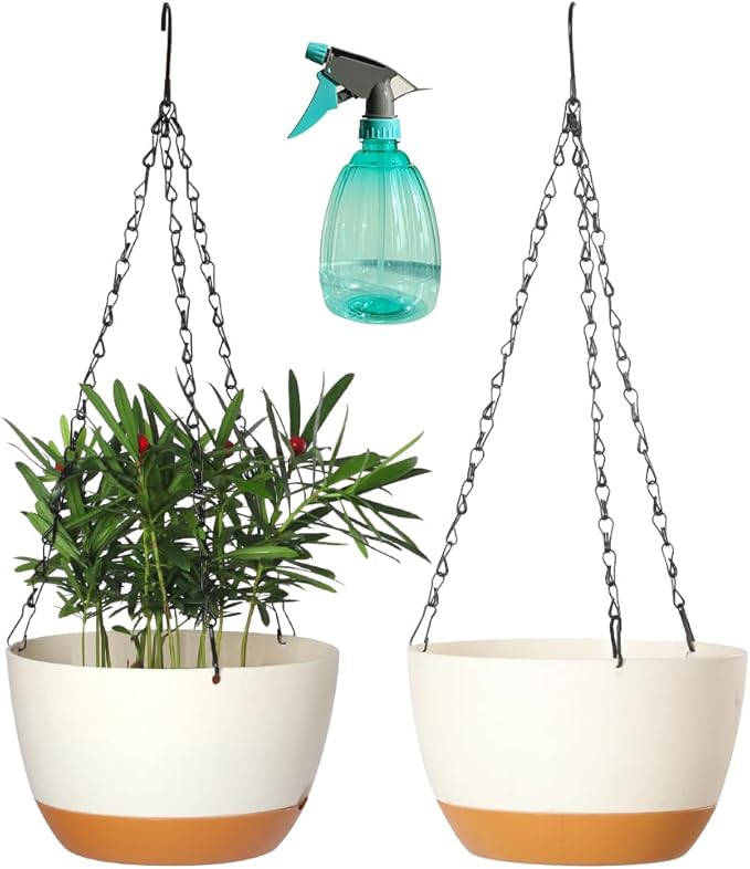 2 Pack Plastic Hanging Planters Set ,8.3 Inch Hanging Flower Plant Pot with Drainage Hole for Indoor Outdoor Plants, Round Hanging Basket with Removable Tray for Home Garden Porch Balcony Patio Decor