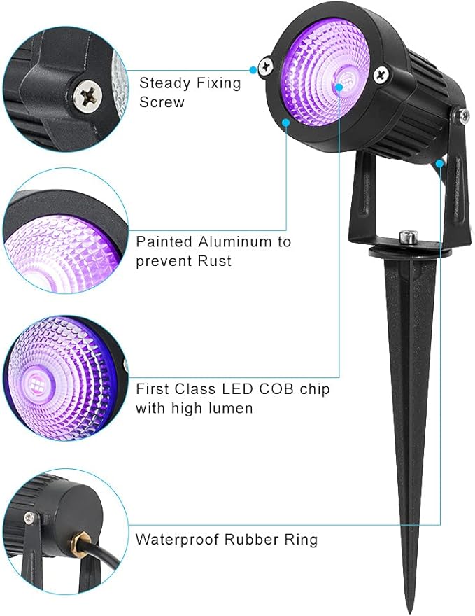 2 Pack HalloweenWaterproof UV LED Blacklight Landscape Lights, Outdoor Plug in Black Light Spotlight for Pathway Light Plug Spike Stand Garden, Yard, Lawn, Halloween, Party Decorative Lighting