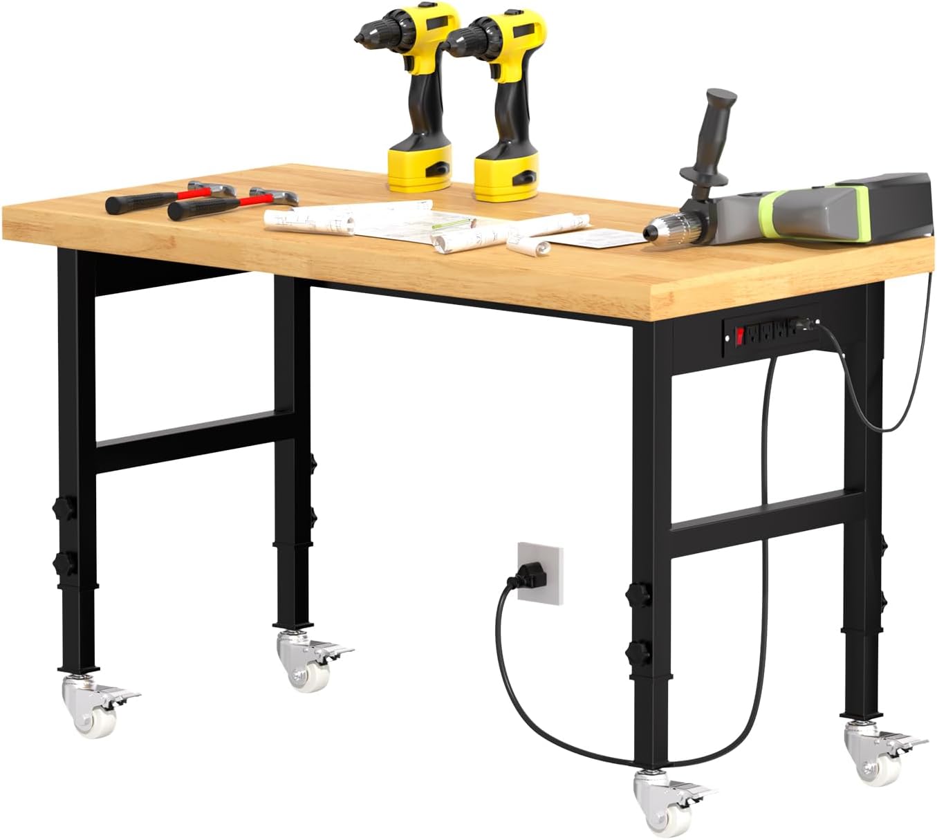 48" Work Bench, Adjustable Height Work Table with Power Outlets and Wheels, 2000 Lbs Capacity Heavy-Duty Hardwood Top Workstation for Garage, Workshop, Office, Home