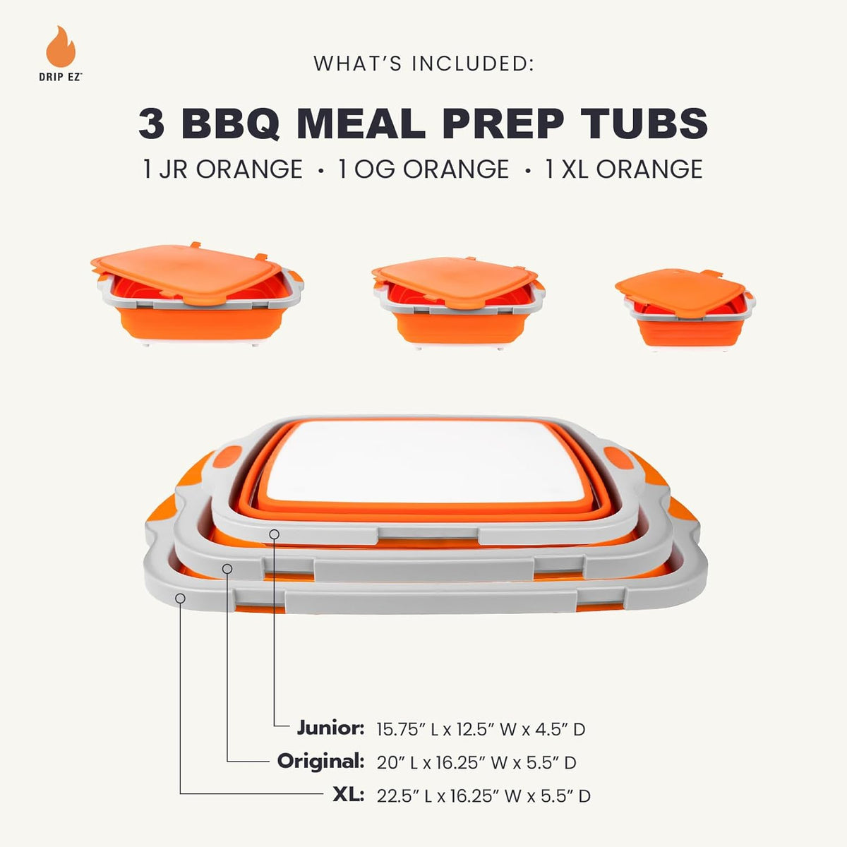 Drip EZ Collapsible BBQ Prep Tubs 3-Piece Set- For Meal Prep Marinating Food Storage - Includes Cutting Board & Lid - (1) JR + (1) OG + (1) XL - Orange