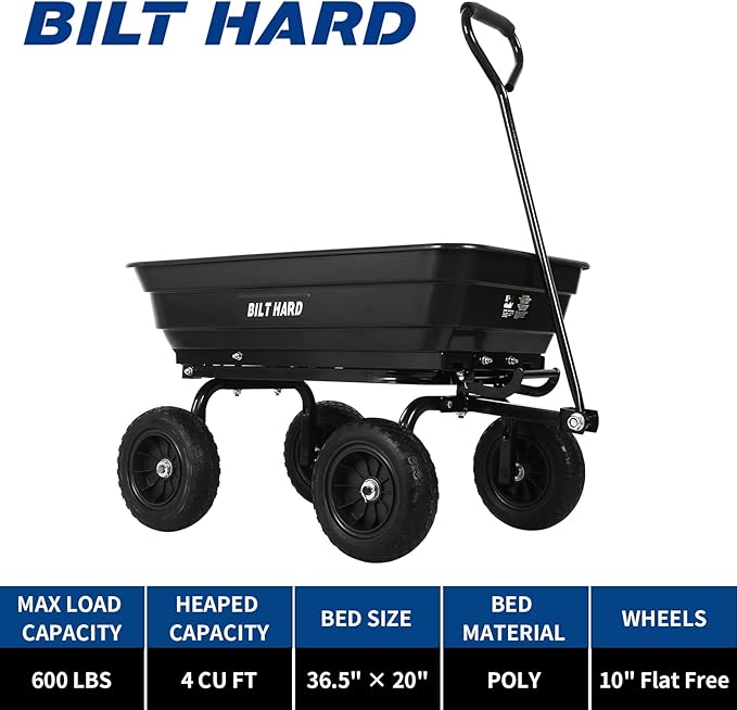 BILT HARD 4 Cu.Ft. 10" No-Flat Tires Poly Yard Dump Cart with 180° Rotating Handle, 600 lbs Capacity Heavy Duty Garden Carts and Wagons
