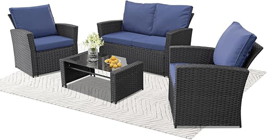 4 Piece Outdoor Patio Furniture Set,Wicker Conversation Sets Outdoor Sectional Patio Sofa Couch with Cushions & Coffee Table for Outside, Garden, Balcony, Porch,Black/Blue