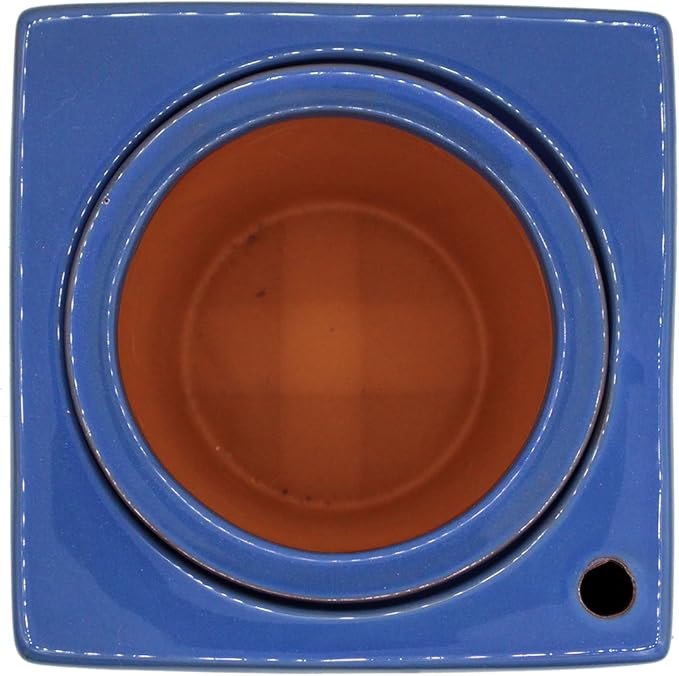 Ceramic African Violet Self Watering Pot 6 Inch Square Pot 3.5 Inch Innter Pot Easy Fill Water Reservoir Blue