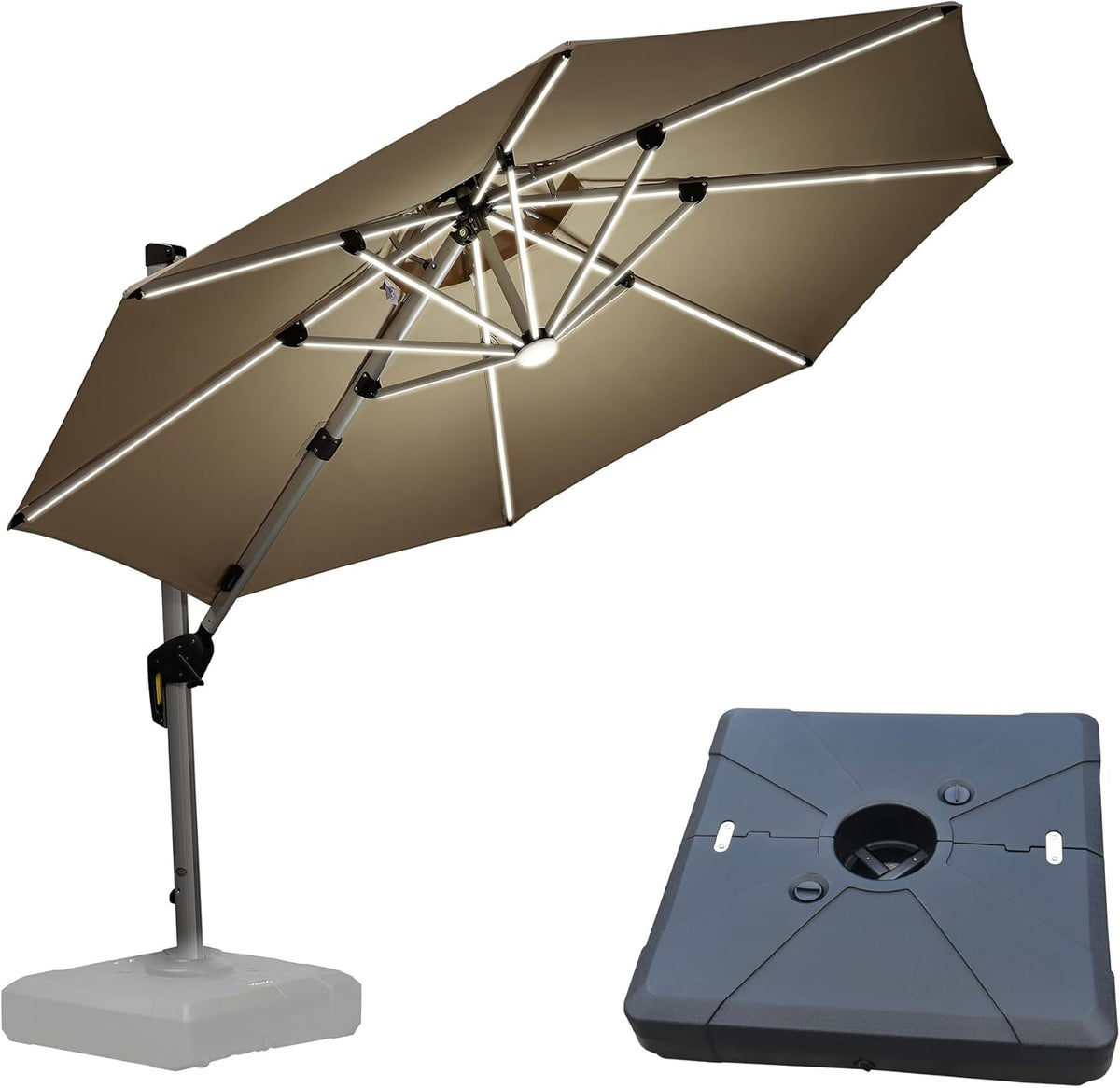 PURPLE LEAF 10ft Patio Umbrella With Base Solar powered LED Cantilever Umbrella with LED lights Windproof Outdoor Offset Umbrella for Garden Deck Pool Patio, Beige