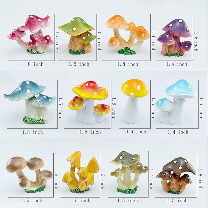 12 Pcs 1.5 to 1.8 Inch Resin Mushroom,Cute Mushrooms Fairy Garden Mushrooms Ornaments for Outdoor Decoration,Home Décor,Cake Decoration,DIY Bonsai Craft …