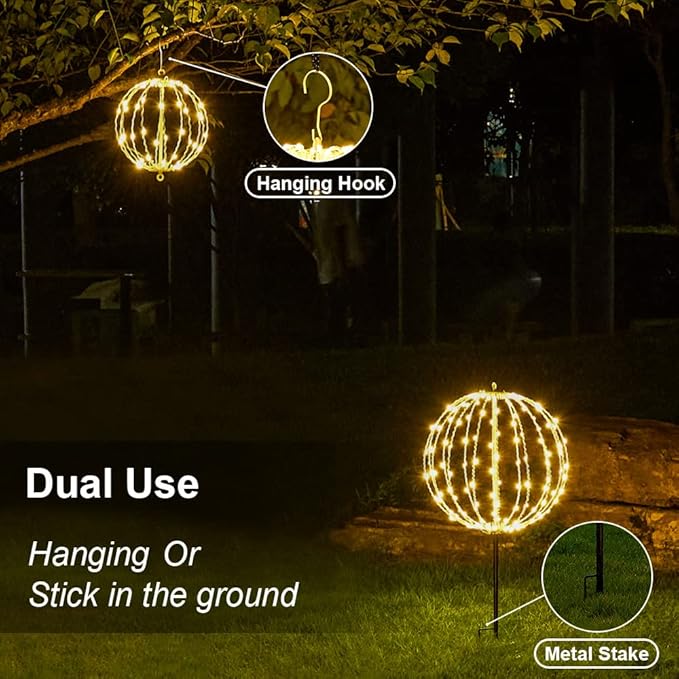 20IN Foldable Metal Frame Light Sphere - 200LED Hanging Tree and Pathway Light with Hook and Stake, UL Listed, White Frame, Warm White