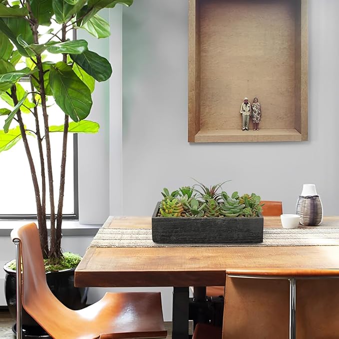 Artificial Succulent Plants in Pot 10 Inch Fake Succulent Arrangement Potted Succulents Plants Centerpiece in Rectangular Wooden Planter for Home Office Desk Shelf Living Room Bedroom Farmhouse Decor