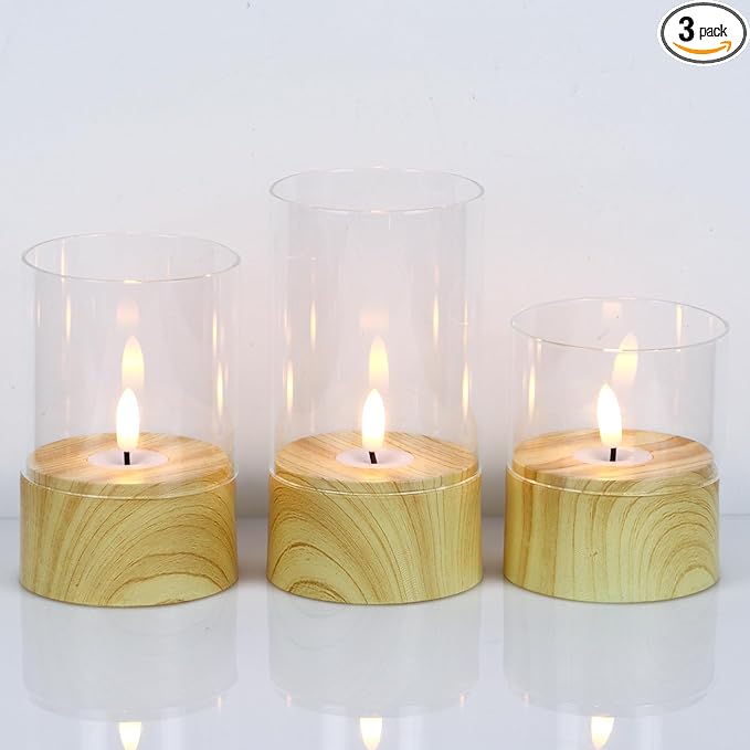 Battery Operated Candles with 6H Timer, 3 Pack Glass LED Flikcering Flameless Candles, Clear Pillar Candles with 3D Flame for Spring Wedding Home Bedroom Decor(Set of 3)