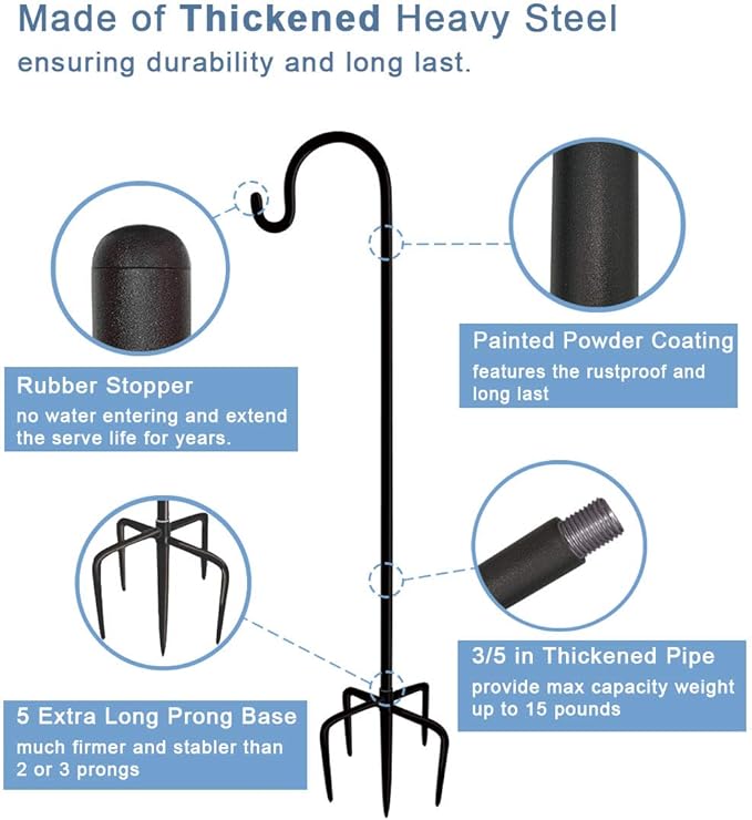 92 Inch Outdoor Shepherd Hooks with 5 Pronger Base (2 Packs), Adjustable Heavy Duty Garden Hanging Stand Holder for Bird Feeders Lanterns Planter Hanger, Matte Black