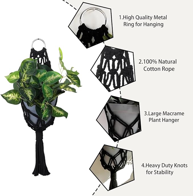 Artilady 2 Pack Black Macrame Plant Hanger Indoor - Large Hanging Planters for Wall Plants Holder Short Hademade Boho Farmhouse Rustic Home Decor