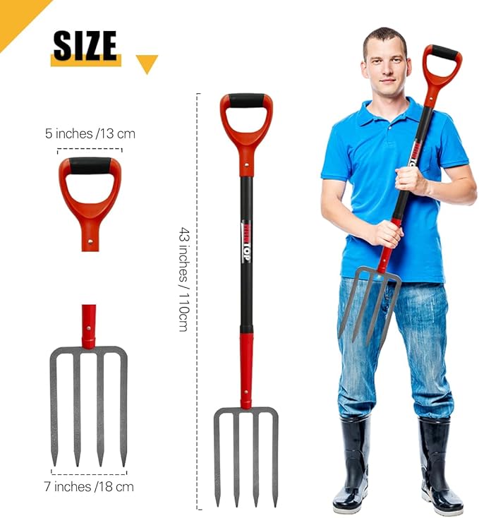 4-Tine Pitch Fork Garden Digging Fork Spading Fork Heavy Duty Pitchfork for Gardening Potato Fork, 43 inches