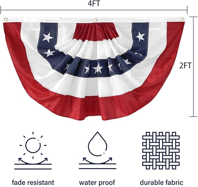 2x4Ft American Bunting Flag 4th of July Embroidered Stars USA Bunting Banner Patriotic Decorations Pleated Half Fan Flags Decor Outdoor Outside Porch Garden Window Independence Day Memorial Veterans