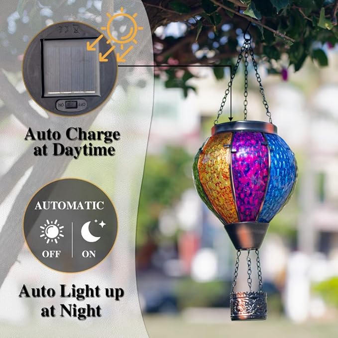 2PCS Solar Hot Air Balloon Lantern with Flame, Handmade Glass Hot Air Balloon Solar Lantern, Outdoor Lanterns Waterproof for Patio, Garden, Porch (Colorful)