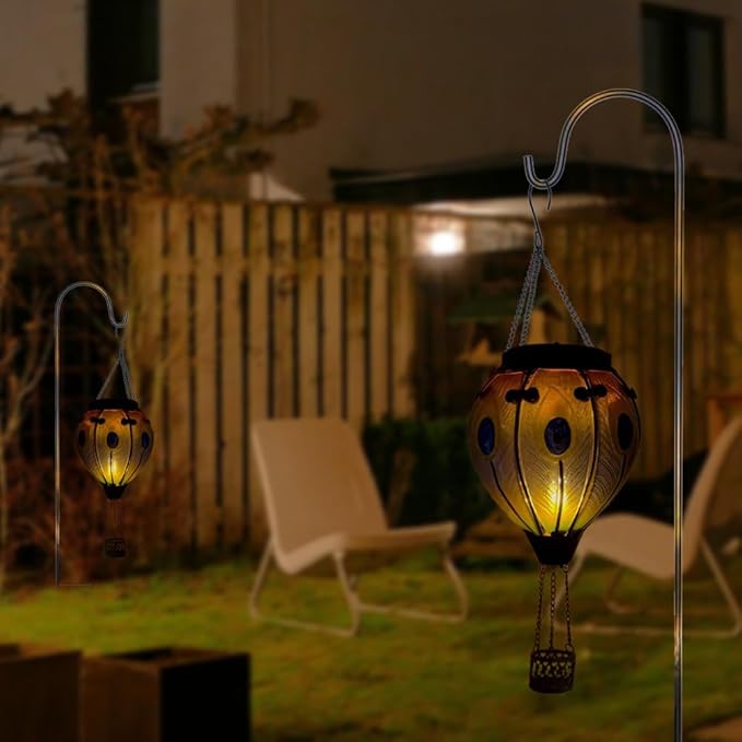 2PCS Solar Hot Air Balloon Lanterns with Flame with Shepherd's Hooks, Glass Hanging Flickering Lights Outdoor Waterproof for Garden Tree Yard Patio Mother's Day Gift, 18" H Peacock-Blue