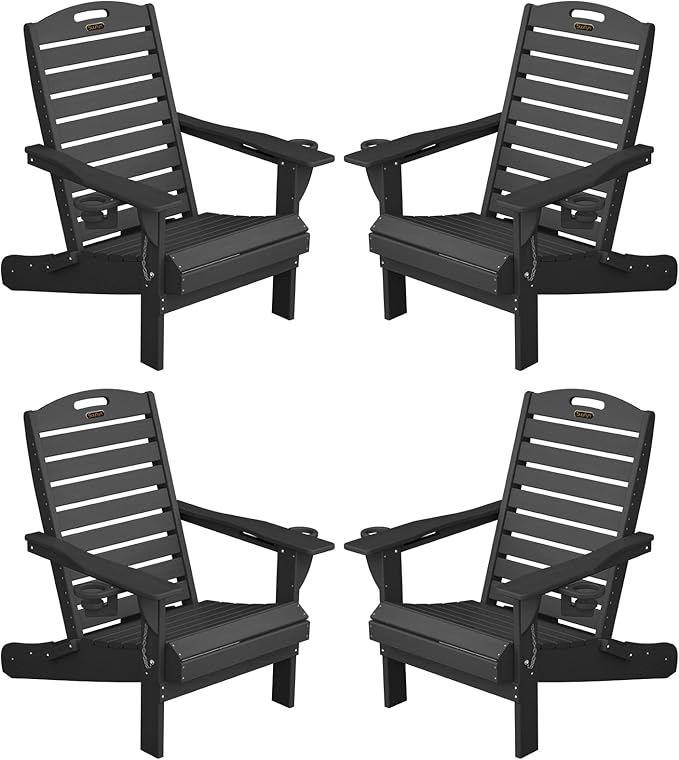 Adirondack Chairs Set of 4, Outdoor Fire Pit Chairs, HDPE All-Weather Adirondack Chairs with Cup Holder, Lawn Chair for Deck, Patio, Garden (Black)