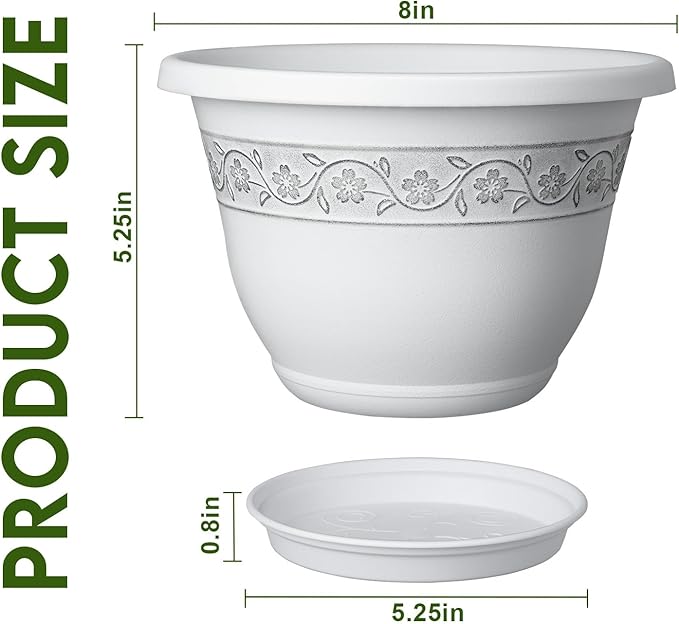 8 Inch Plant Pots with Drainage Hole - Lightweight Flower Pots for Herbs and Flowers - Home Decor Plastic Planters for Indoor Outdoor Plants- Pack of 6 (White, 8 inch)