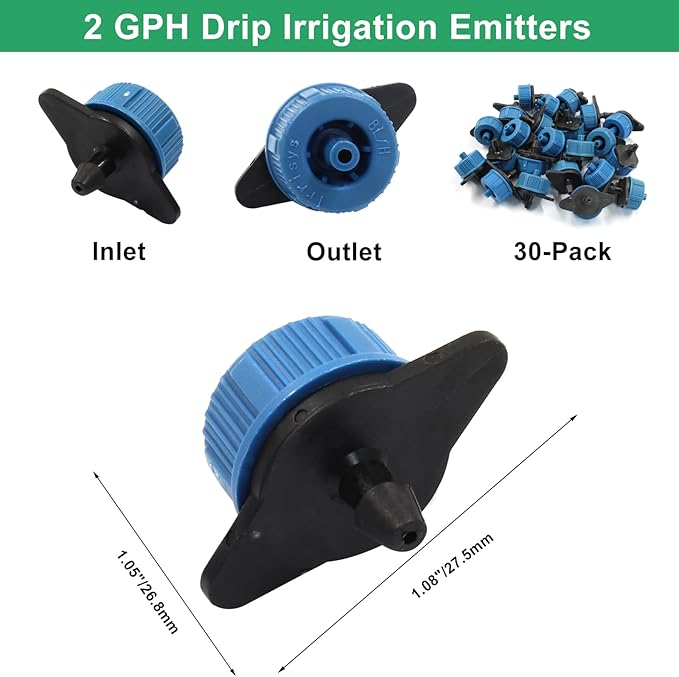 30 Pcs Drip Irrigation Emitters, 2 GPH Pressure Compensating Irrigation Drippers for Garden Lawn Watering Irrigation System, Blue
