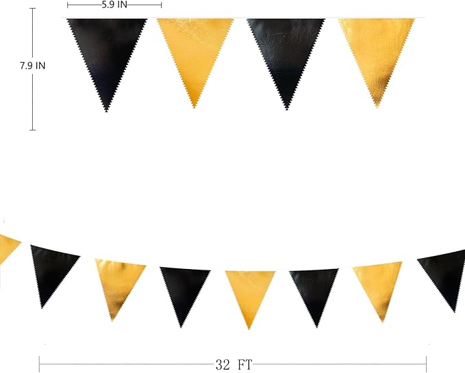 Black and Gold Party Decorations Triangle Pennant Banner Flag Metallic Fabric Bunting Garland for Birthday Graduation Anniversary Wedding Bachelorette Bridal Shower Engagement Hen Party Supplies